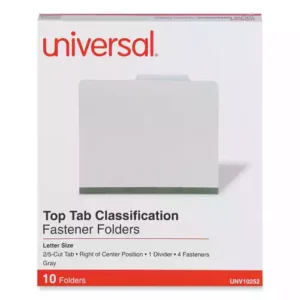 Protect your paperwork with moisture-resistant classification folders. The multiple fasteners and dividers allow you to create subcategories for home or office filing. Customized filing allows you to simply sort and seek paperwork by subject or document type. 2/5-cut tabs with dividers provide space for labeling and easy file identification. Folders are built with heavyweight paper construction to withstand repeated use. Four-Section. Folder Size: Letter; Total Number of Dividers: 1; Total Number of Fasteners: 4; Max Folder Expansion: 2". Features Durable, 25 pt. pressboard file folders. Fasteners and dividers allow subdivision inside folder. Top, long-side tab position. 2/5 cut top tabs.