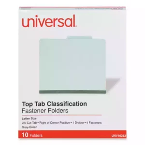 Protect your paperwork with moisture-resistant classification folders. The multiple fasteners and dividers allow you to create subcategories for home or office filing. Customized filing allows you to simply sort and seek paperwork by subject or document type. 2/5-cut tabs with dividers provide space for labeling and easy file identification. Folders are built with heavyweight paper construction to withstand repeated use. Four-Section. Folder Size: Letter; Total Number of Dividers: 1; Total Number of Fasteners: 4; Max Folder Expansion: 2". Features Durable, 25 pt. pressboard file folders. Fasteners and dividers allow subdivision inside folder. Top, long-side tab position. 2/5 cut top tabs.