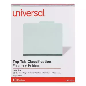 Protect your paperwork with moisture-resistant classification folders. The multiple fasteners and dividers allow you to create subcategories for home or office filing. Customized filing allows you to simply sort and seek paperwork by subject or document type. 2/5-cut tabs with dividers provide space for labeling and easy file identification. Folders are built with heavyweight paper construction to withstand repeated use. Six-Section. Folder Size: Letter; Total Number of Dividers: 2; Total Number of Fasteners: 6; Max Folder Expansion: 2". Features Durable, 25 pt. pressboard file folders. Fasteners and dividers allow subdivision inside folder. Top, long-side tab position. 2/5 cut top tabs