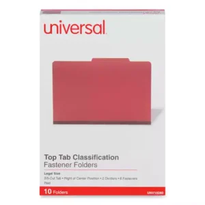 Protect your paperwork with moisture-resistant classification folders. The multiple fasteners and dividers allow you to create subcategories for home or office filing. Customized filing allows you to simply sort and seek paperwork by subject or document type. 2/5-cut tabs with dividers provide space for labeling and easy file identification. Folders are built with heavyweight paper construction to withstand repeated use. Six-Section. Folder Size: Legal; Total Number of Dividers: 2; Total Number of Fasteners: 6; Max Folder Expansion: 2". Features Durable, 25 pt. pressboard file folders. Fasteners and dividers allow subdivision inside folder. Top, long-side tab position. 2/5 cut top tabs.