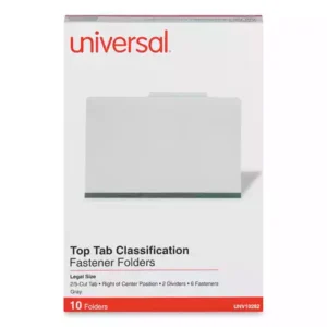 Protect your paperwork with moisture-resistant classification folders. The multiple fasteners and dividers allow you to create subcategories for home or office filing. Customized filing allows you to simply sort and seek paperwork by subject or document type. 2/5-cut tabs with dividers provide space for labeling and easy file identification. Folders are built with heavyweight paper construction to withstand repeated use. Six-Section. Folder Size: Legal; Total Number of Dividers: 2; Total Number of Fasteners: 6; Max Folder Expansion: 2". Features Durable, 25 pt. pressboard file folders. Fasteners and dividers allow subdivision inside folder. Top, long-side tab position. 2/5 cut top tabs.