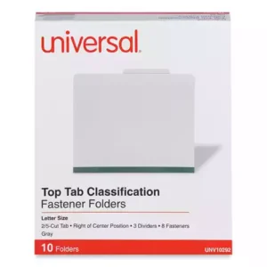 Protect your paperwork with moisture-resistant classification folders. The multiple fasteners and dividers allow you to create subcategories for home or office filing. Customized filing allows you to simply sort and seek paperwork by subject or document type. 2/5-cut tabs with dividers provide space for labeling and easy file identification. Folders are built with heavyweight paper construction to withstand repeated use. Eight-Section. Folder Size: Letter; Total Number of Dividers: 3; Total Number of Fasteners: 8; Max Folder Expansion: 3". Features Durable, 25 pt. pressboard file folders. Fasteners and dividers allow subdivision inside folder. Top, long-side tab position. 2/5 cut top tabs.