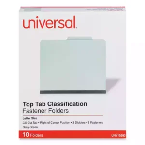 Protect your paperwork with moisture-resistant classification folders. The multiple fasteners and dividers allow you to create subcategories for home or office filing. Customized filing allows you to simply sort and seek paperwork by subject or document type. 2/5-cut tabs with dividers provide space for labeling and easy file identification. Folders are built with heavyweight paper construction to withstand repeated use. Eight-Section. Folder Size: Letter; Total Number of Dividers: 3; Total Number of Fasteners: 8; Max Folder Expansion: 3". Features Durable, 25 pt. pressboard file folders. Fasteners and dividers allow subdivision inside folder. Top, long-side tab position. 2/5 cut top tabs.