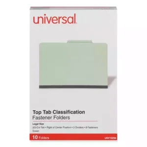 Protect your paperwork with moisture-resistant classification folders. The multiple fasteners and dividers allow you to create subcategories for home or office filing. Customized filing allows you to simply sort and seek paperwork by subject or document type. 2/5-cut tabs with dividers provide space for labeling and easy file identification. Folders are built with heavyweight paper construction to withstand repeated use. Eight-Section. Folder Size: Legal; Total Number of Dividers: 3; Total Number of Fasteners: 8; Max Folder Expansion: 3". Features Durable, 25 pt. pressboard file folders. Fasteners and dividers allow subdivision inside folder. Top, long-side tab position. 2/5 cut top tabs.