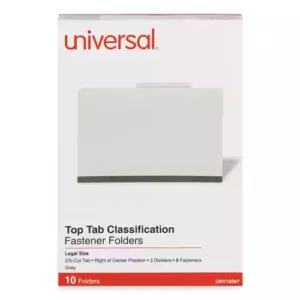 Protect your paperwork with moisture-resistant classification folders. The multiple fasteners and dividers allow you to create subcategories for home or office filing. Customized filing allows you to simply sort and seek paperwork by subject or document type. 2/5-cut tabs with dividers provide space for labeling and easy file identification. Folders are built with heavyweight paper construction to withstand repeated use. Eight-Section. Folder Size: Legal; Total Number of Dividers: 3; Total Number of Fasteners: 8; Max Folder Expansion: 3". Features Durable, 25 pt. pressboard file folders. Fasteners and dividers allow subdivision inside folder. Top, long-side tab position. 2/5 cut top tabs.