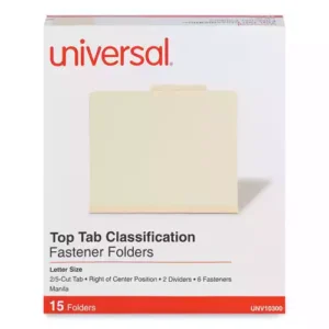 A cost-effective file-organization solution. Standard top tab format for easy integration into most filing systems. Two dividers in each folder create six fastener surfaces for detailed file organization. Reinforced, tear-resistant expansion gussets provide long-lasting durability, even for the most frequently referenced materials. Prong-style, metal document fasteners help you ensure your file's contents remain contained. Folders feature 2/5-cut tabs on both the cover and dividers. Folder Size: Letter; Total Number of Dividers: 2; Total Number of Fasteners: 6; Max Folder Expansion: 2". Features A cost-effective file-organization solution. Standard top tab formateasily integrates into most filing systems. Two dividers in each folder create six fastener surfaces for detailed file organization. 2/5-cut tab format on both the cover and dividers. Prong-style document fasteners help ensure your file's contents remain contained. Reinforced, tear-resistant expansion gusset.