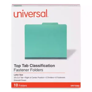 Color-code your filing with heavy-duty covers in vivid colors. Organize and subdivide materials with 2" capacity prong fasteners inside front and back 25 pt. pressboard covers. 1" capacity metal fastener on each side of 20 pt. Kraft dividers. Tear resistant reinforced gusset for added durability during expansion.. Folder Size: Letter; Total Number of Dividers: 2; Total Number of Fasteners: 6; Max Folder Expansion: 2". Features Cover and dividers are made from post-recycled content. Inner divider helps subdivide your documents within the folders. Made with 25 pt. pressboard covers and 20 pt. Kraft dividers. Tear resistant reinforced gusset for added durability. 2/5 cut top tabs in right of center position.