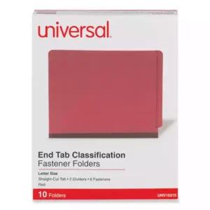 Feature 2" capacity fasteners on inside front and back red 25 pt. pressboard covers. 1" capacity prong fasteners on each side of two 17 pt. brown Kraft dividers. Tear resistant gussets for expansion. Straight tabs.