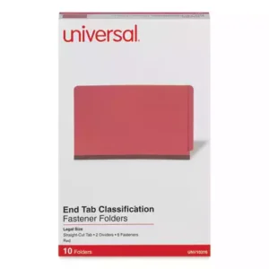 Feature 2" capacity fasteners on inside front and back red 25 pt. pressboard covers. 1" capacity prong fasteners on each side of two 17 pt. brown Kraft dividers. Tear resistant gussets for expansion. Straight tabs.