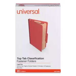 A cost-effective file-organization solution. Standard top tab formateasily integrates into most filing systems. Two dividers in each folder create six fastener surfaces for detailed file organization. 2/5-cut tab format on both the cover and dividers. Prong-style document fasteners help ensure your file's contents remain contained. Reinforced, tear-resistant expansion gusset.