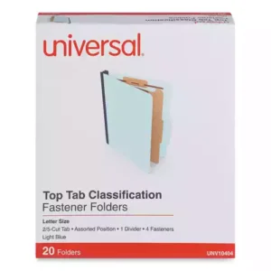 Durable, 25 pt. pressboard file folders. Fasteners and dividers allow subdivision inside folder. Top, long-side tab position. 2/5 cut top tabs.