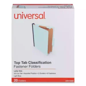 Durable, 25 pt. pressboard file folders. Fasteners and dividers allow subdivision inside folder. Top, long-side tab position. 2/5 cut top tabs.