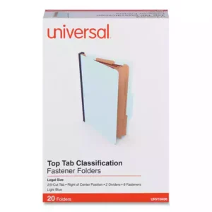 A cost-effective file-organization solution. Standard top tab formateasily integrates into most filing systems. Two dividers in each folder create six fastener surfaces for detailed file organization. 2/5-cut tab format on both the cover and dividers. Prong-style document fasteners help ensure your file's contents remain contained. Reinforced, tear-resistant expansion gusset.