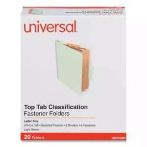 A cost-effective file-organization solution. Standard top tab formateasily integrates into most filing systems. Two dividers in each folder create six fastener surfaces for detailed file organization. 2/5-cut tab format on both the cover and dividers. Prong-style document fasteners help ensure your file's contents remain contained. Reinforced, tear-resistant expansion gusset.