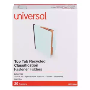 A cost-effective file-organization solution. Standard top tab formateasily integrates into most filing systems. Two dividers in each folder create six fastener surfaces for detailed file organization. 2/5-cut tab format on both the cover and dividers. Prong-style document fasteners help ensure your file's contents remain contained. Reinforced, tear-resistant expansion gusset.