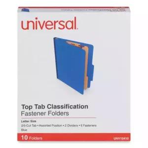 Durable, 25 pt. pressboard file folders. Fasteners and dividers allow subdivision inside folder. Top, long-side tab position. 2/5 cut top tabs.