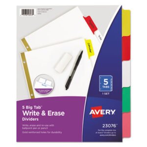 Avery Write and Erase Big Tab Paper Dividers, 5-Tab, 11 x 8.5, White, Assorted Tabs, 1 Set (AVE23076)