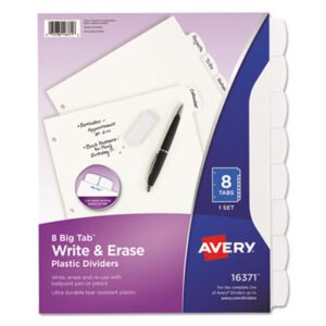 Avery Write and Erase Big Tab Durable Plastic Dividers, 3-Hole Punched, 8-Tab, 11 x 8.5, White, 1 Set (AVE16371)