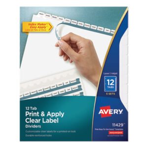Avery Print and Apply Index Maker Clear Label Dividers, 12-Tab, White Tabs, 11 x 8.5, White, 5 Sets (AVE11429)