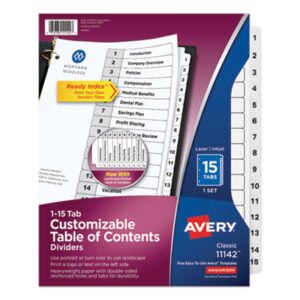 Avery Customizable TOC Ready Index Black and White Dividers, 15-Tab, 1 to 15, 11 x 8.5, 1 Set (AVE11142)