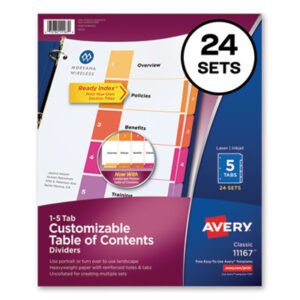 Avery Customizable TOC Ready Index Multicolor Tab Dividers, Uncollated, 5-Tab, 1 to 5, 11 x 8.5, White, 24 Sets (AVE11167)