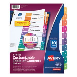 Avery Customizable TOC Ready Index Multicolor Tab Dividers, 10-Tab, 1 to 10, 11 x 8.5, White, Traditional Color Tabs, 1 Set (AVE11135)