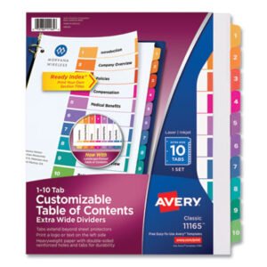 Avery Customizable TOC Ready Index Multicolor Tab Dividers, Extra Wide Tabs, 10-Tab, 1 to 10, 11 x 9.25, White, 1 Set (AVE11165)