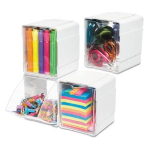 deflecto Tilt Bin Interlocking 4-Bin Organizer, Plastic, 4.63 x 4.88 x 5.5, White/Clear (DEF421103)